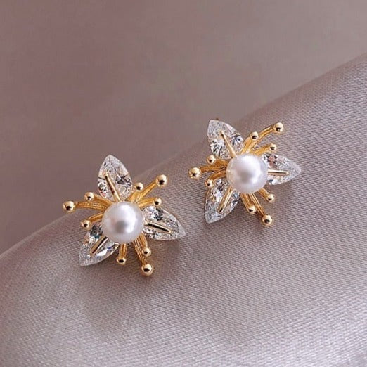 Floral Earrings Adorned with Pearls and Crystals
