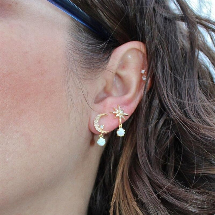 Celestial Opal Gold Earrings with Lunar Design