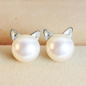 Kitten-Inspired Earrings Adorned with Cultured Pearls and Silver