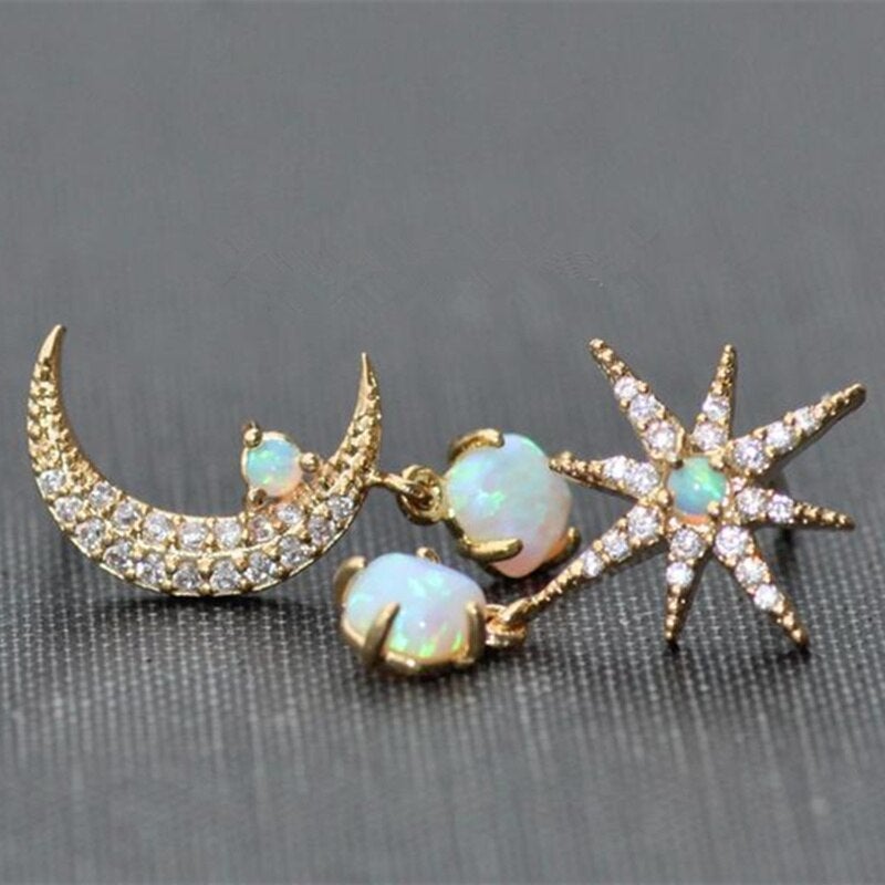 Celestial Opal Gold Earrings with Lunar Design