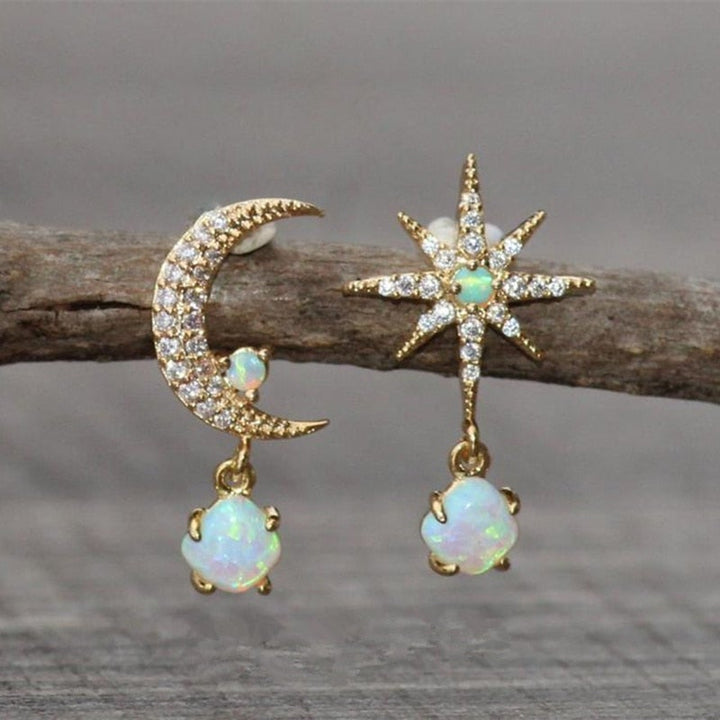 Celestial Opal Gold Earrings with Lunar Design