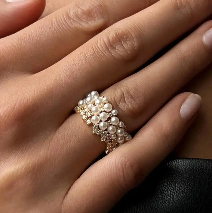 Vintage Adjustable Ring with Pearls and Zirconia
