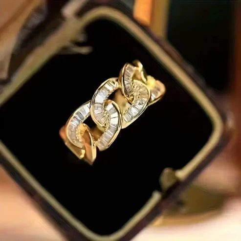 Gold Ring with Chain and Crystal Accents