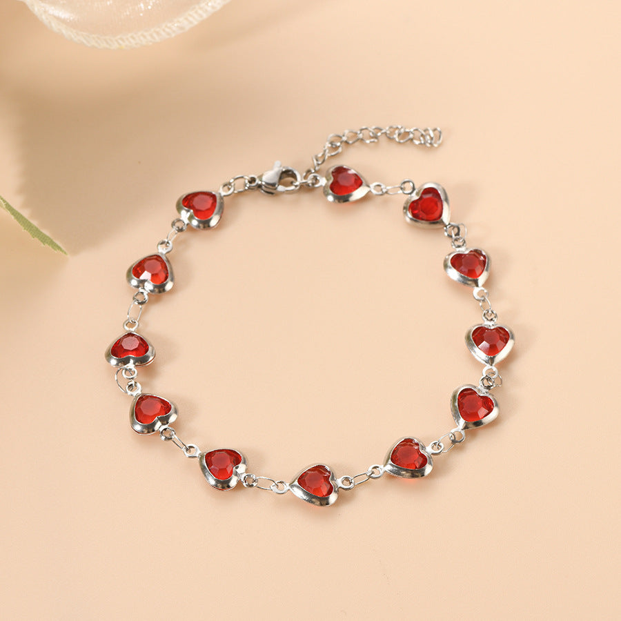 Ruby Heart Charm on Silver Chain Bracelet