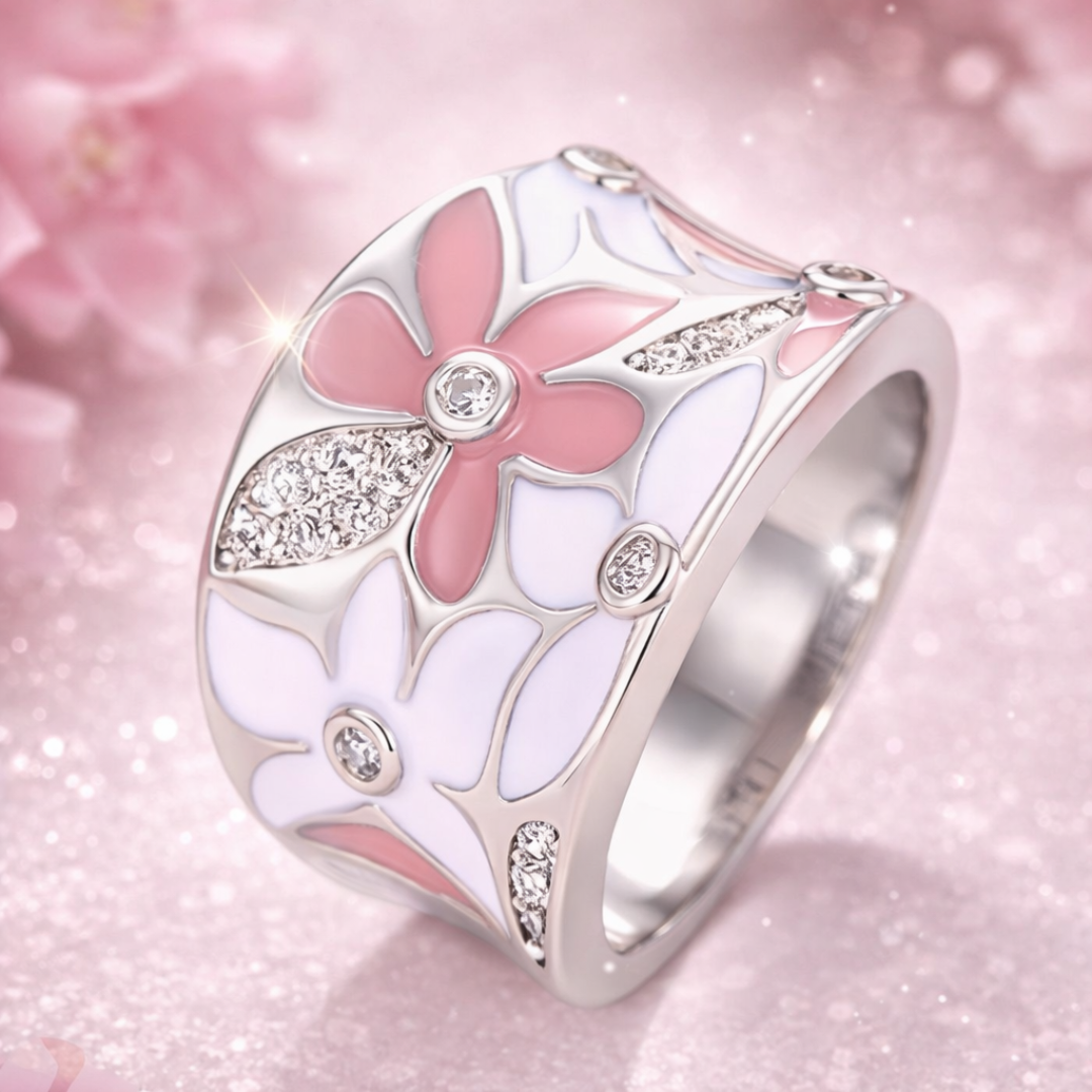 Antique Silver Ring with Delicate Pink Floral Design