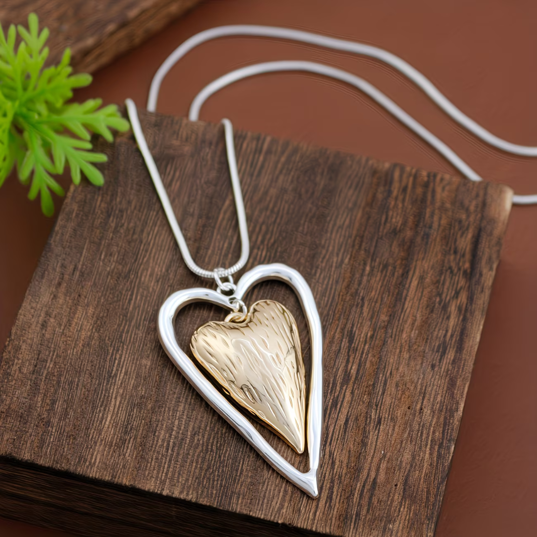 Retro Silver and Matte Gold Heart Charm Necklace