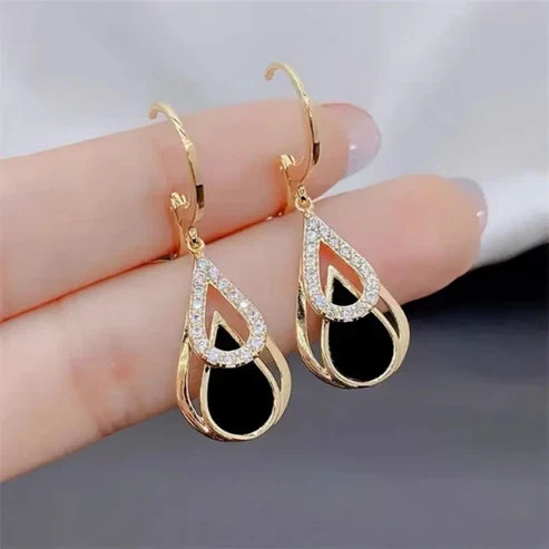 Gold Earrings with Black Zirconia Drops