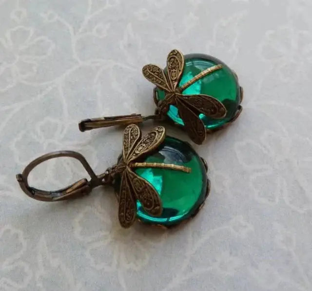 Vintage-Inspired Gold Round Dragonfly Earrings