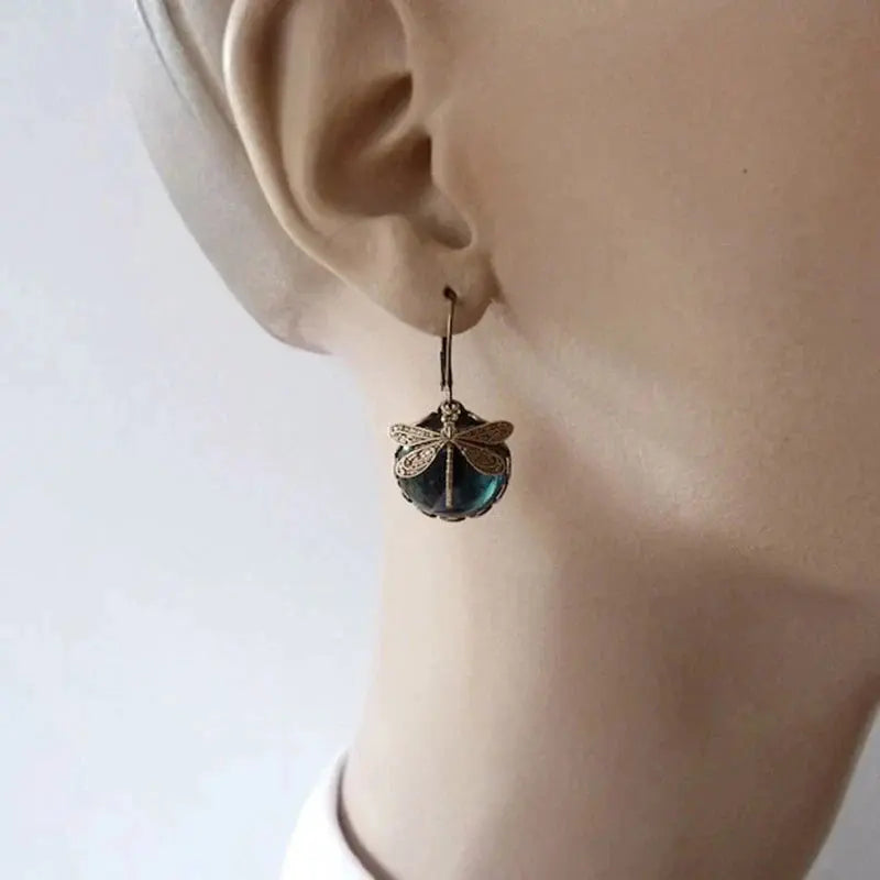 Vintage-Inspired Gold Round Dragonfly Earrings