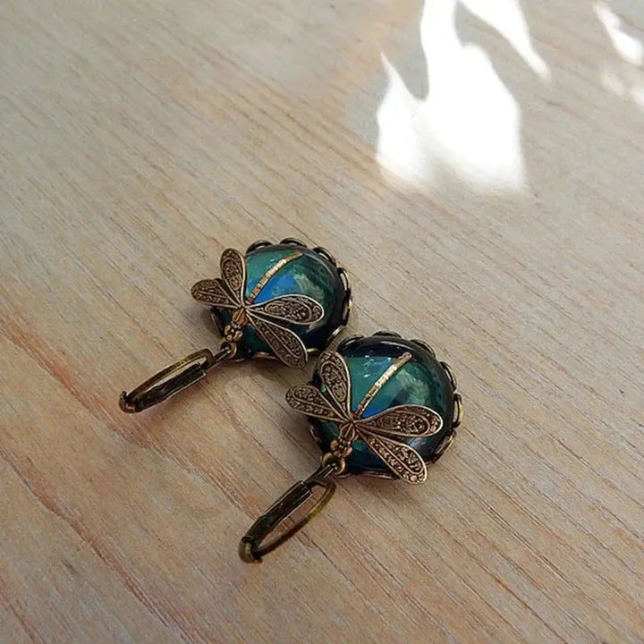 Vintage-Inspired Gold Round Dragonfly Earrings
