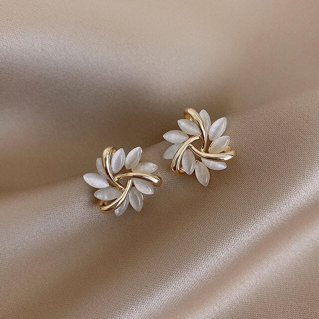 White Opal Earrings with Floral Design