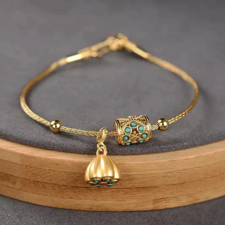 Antique Gold Turquoise Lotus Cuff Bracelet
