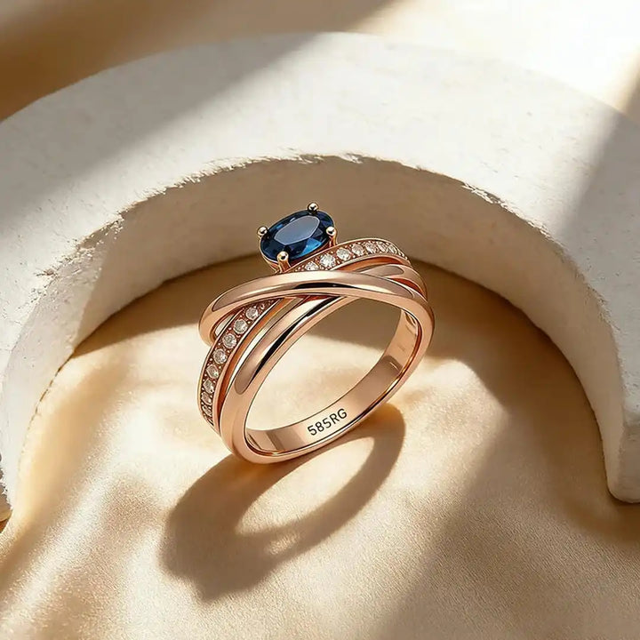 Vintage Rose Gold Cross Ring Featuring Blue Cubic Zirconia