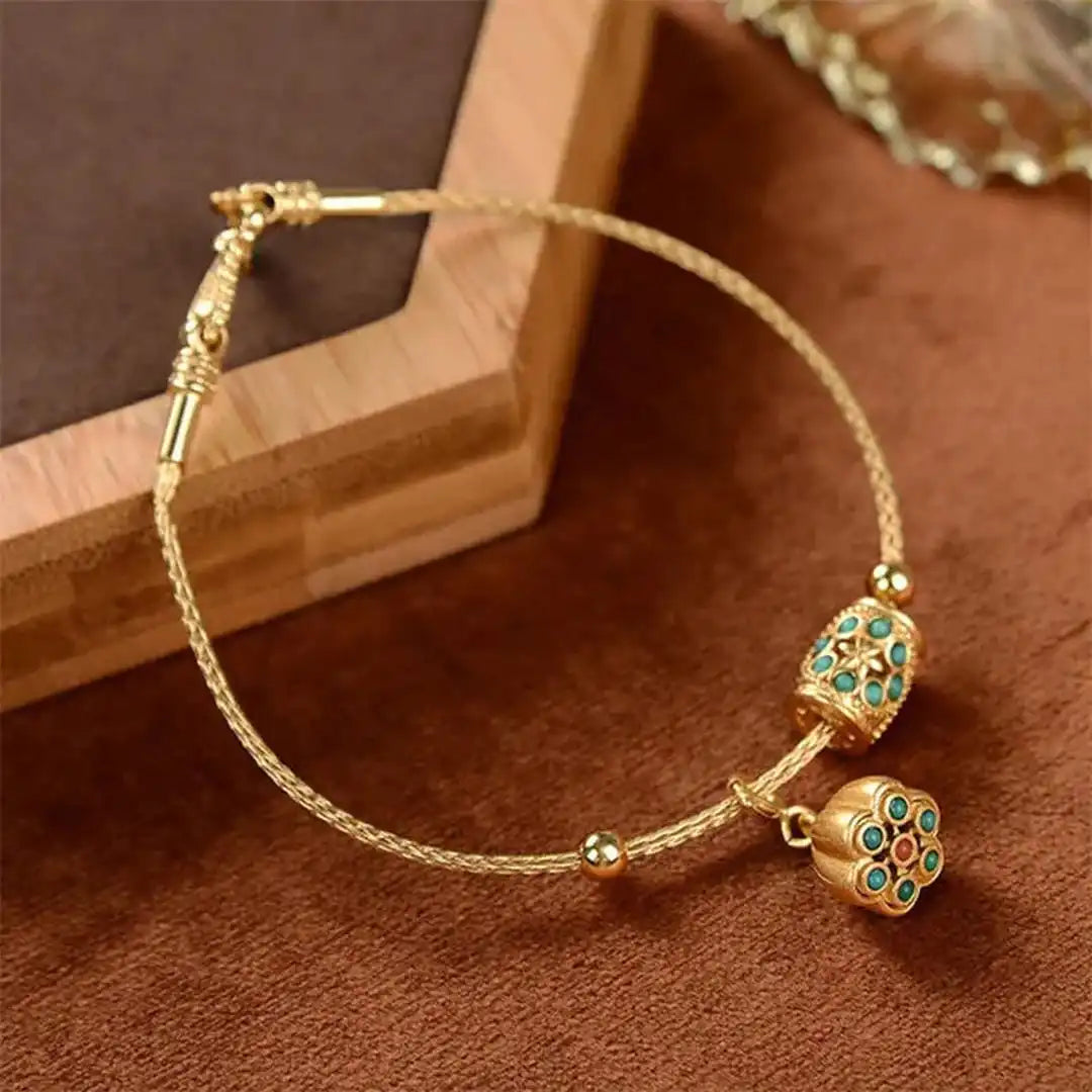 Antique Gold Turquoise Lotus Cuff Bracelet