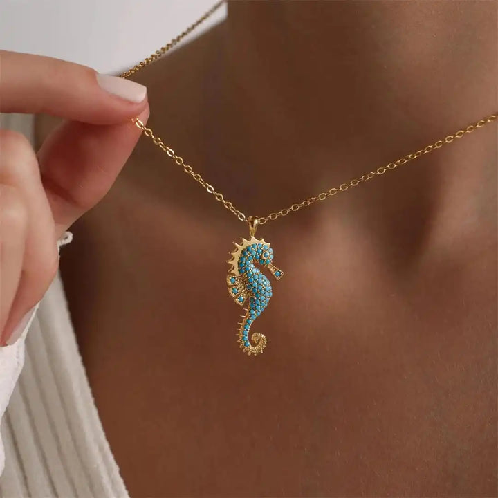 Turquoise Necklace with a Gold Seahorse Pendant Charm