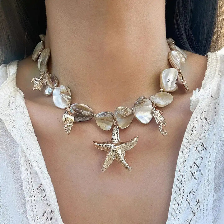 Bohemian Starfish Pendant Necklace with Gemstone Details