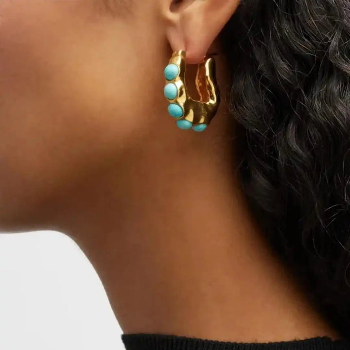 Eye-Catching Carved Hoop Earrings with Turquoise Stone