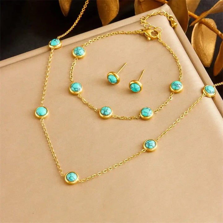 Bohemian-Style Silver Jewelry Collection Featuring Turquoise Necklace, Earrings, and Bracelet