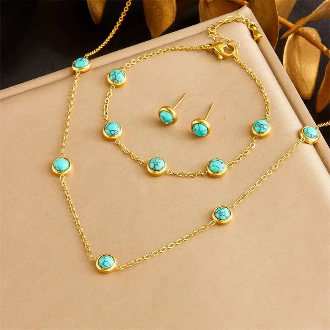 Bohemian-Inspired Silver Jewelry Collection Featuring Turquoise Necklace, Earrings, and Bracelet