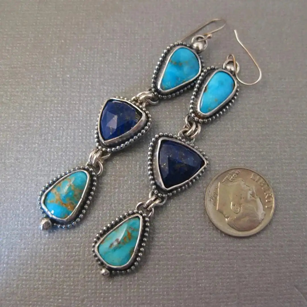 Bohemian Silver Drop Earrings with Turquoise Gemstones