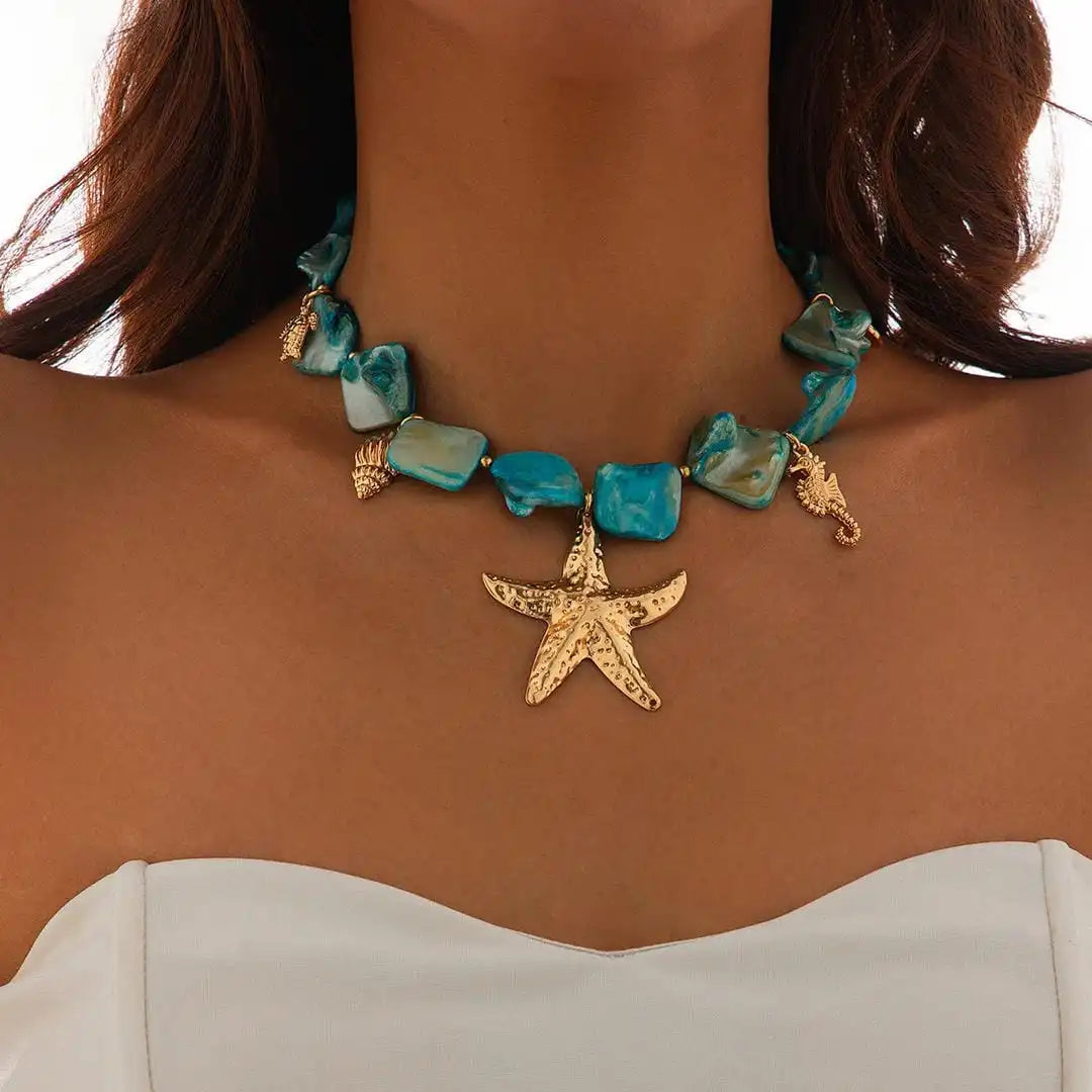 Bohemian Sea Star Pendant Necklace with Stone Accents