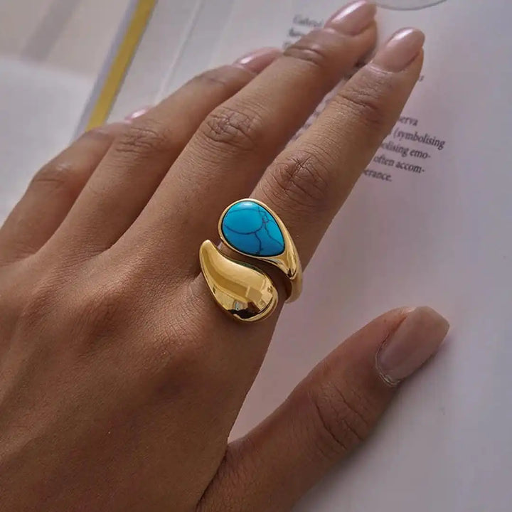Gold Adjustable Teardrop Ring in Turquoise