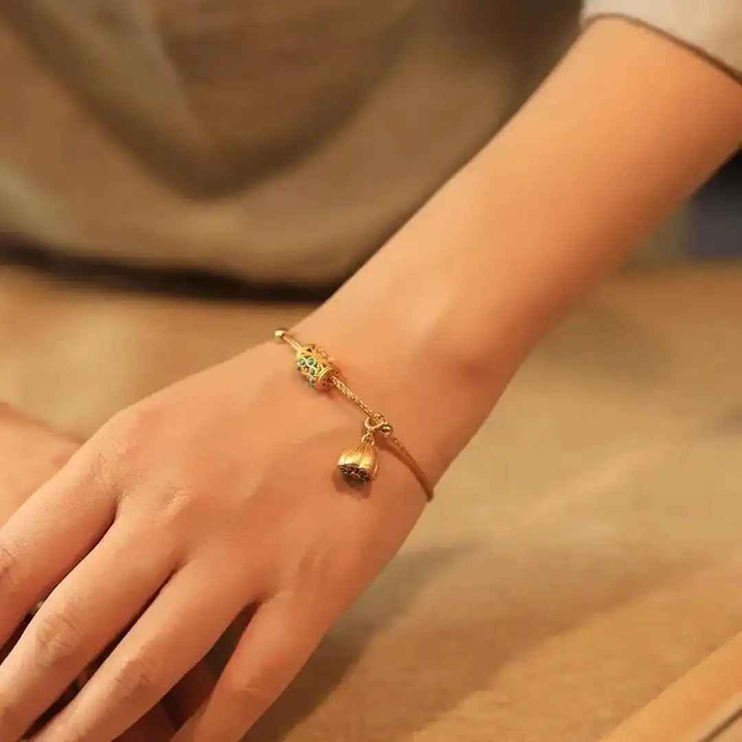Antique Gold and Turquoise Lotus Cuff Bracelet