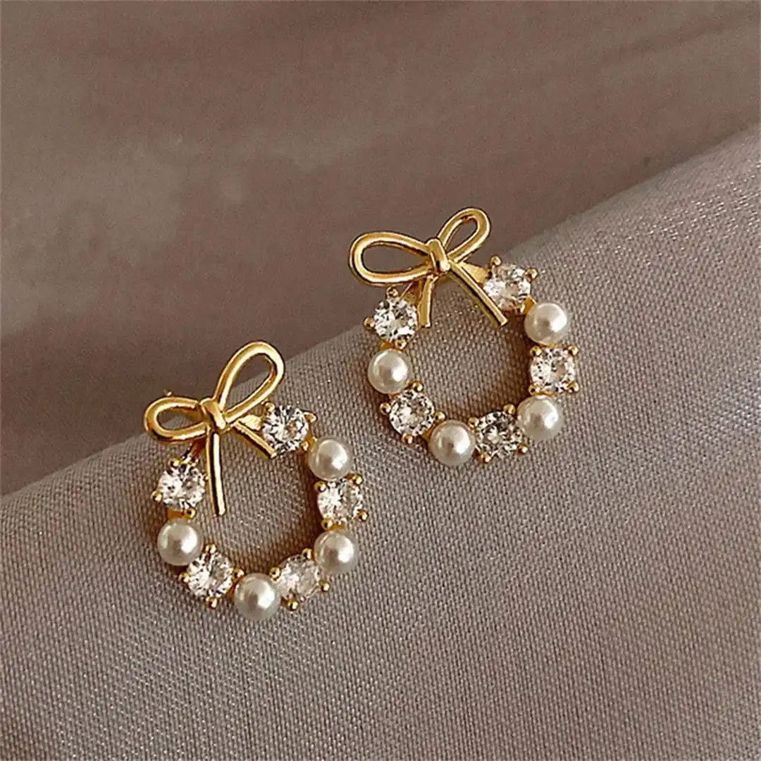 Bow Pearl Round Stud Earrings