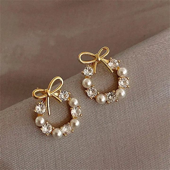 Pearl Bow Round Stud Earrings