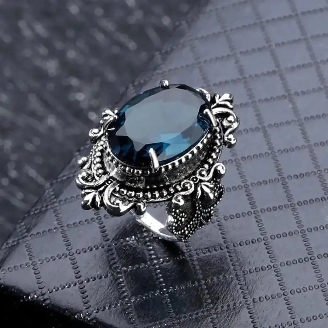 Vintage Silver Oval Blue Zircon Ring