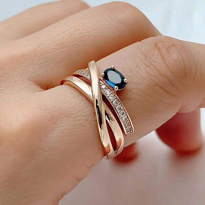 Vintage Rose Gold Cross Ring Featuring Blue Cubic Zirconia