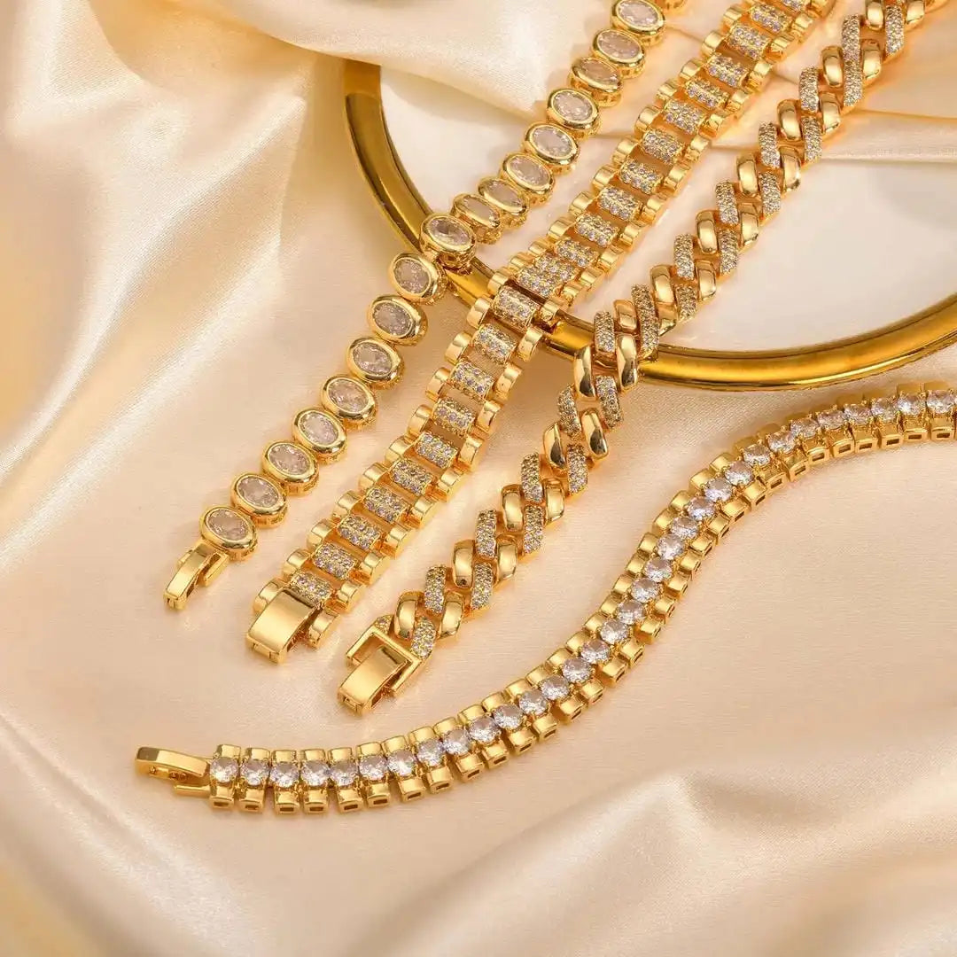 Gold Chunky Cubic Zirconia Adjustable Bracelet Set