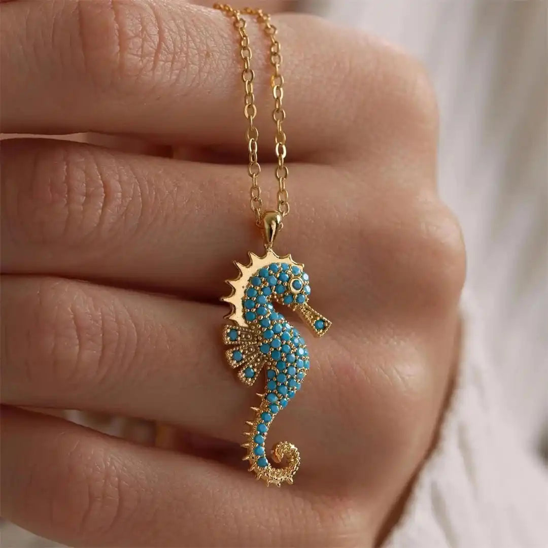 Turquoise Necklace with a Gold Seahorse Pendant Charm