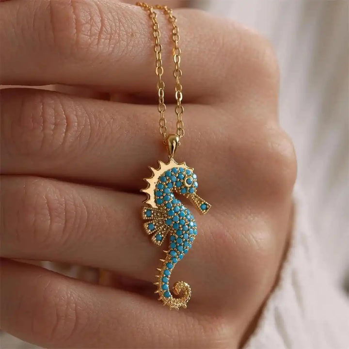Turquoise Necklace with a Gold Seahorse Pendant Charm