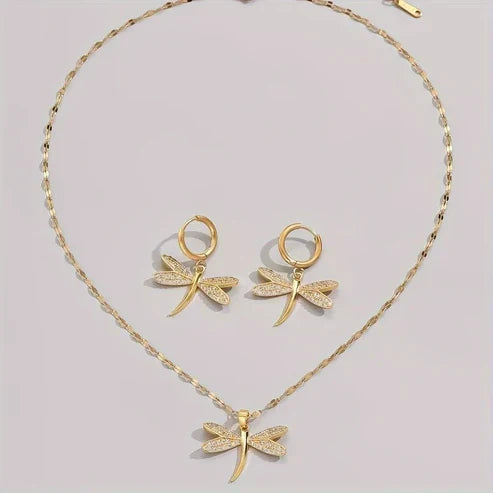 Gold Dragonfly Necklace Set with Complimentary Earrings