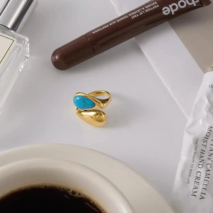 Gold Adjustable Tear Drop Ring with Turquoise Accent
