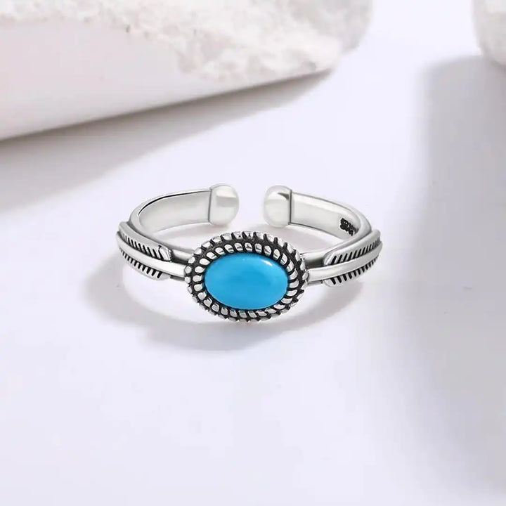 Adjustable Silver Band Turquoise Feather Ring