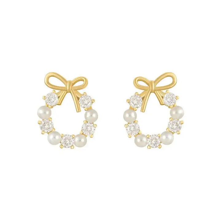 Pearl Bow Round Stud Earrings