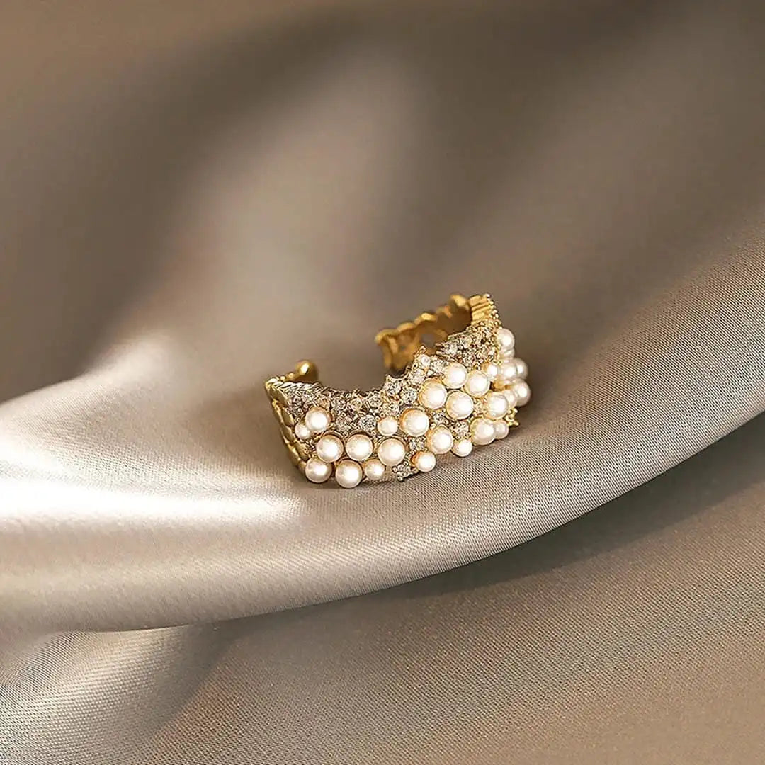 Vintage Adjustable Ring with Pearls and Zirconia