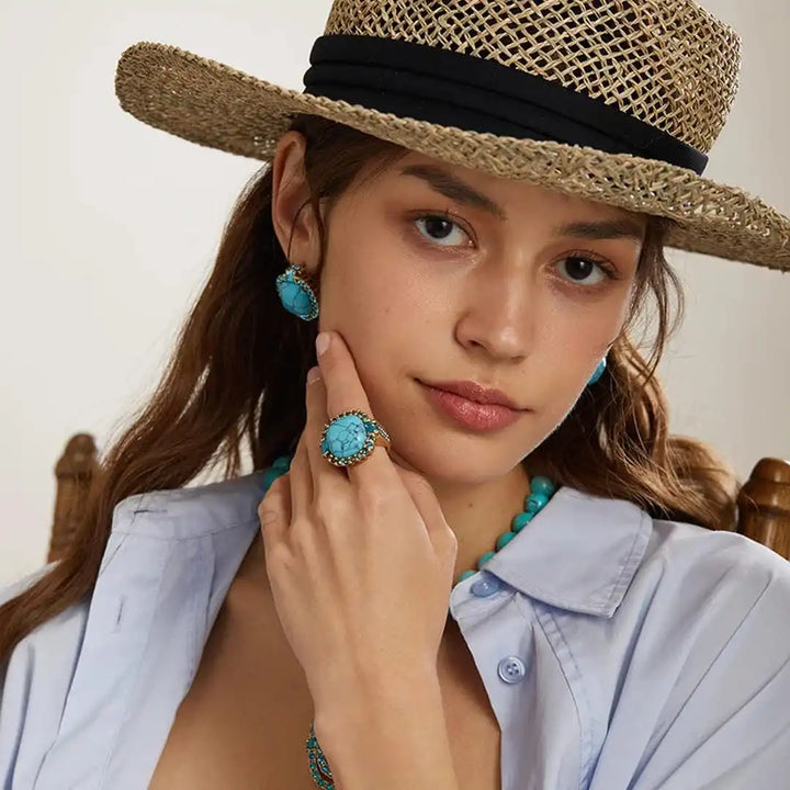 Turquoise Zirconia Ring Featuring Golden Highlights