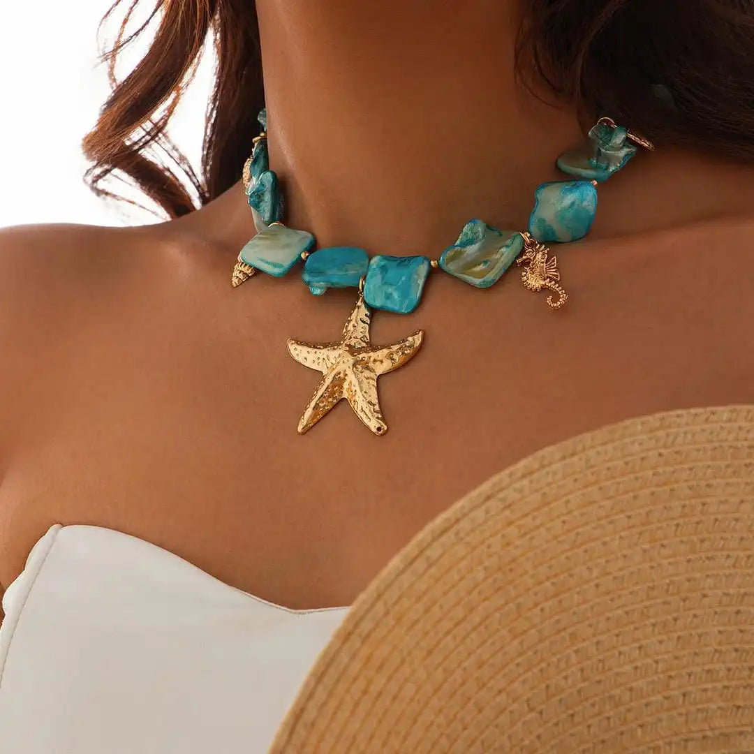 Bohemian-Inspired Starfish Pendant Necklace with Stone Accents