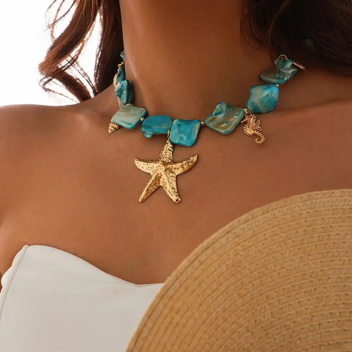 Bohemian Starfish Pendant Necklace with Gemstone Details