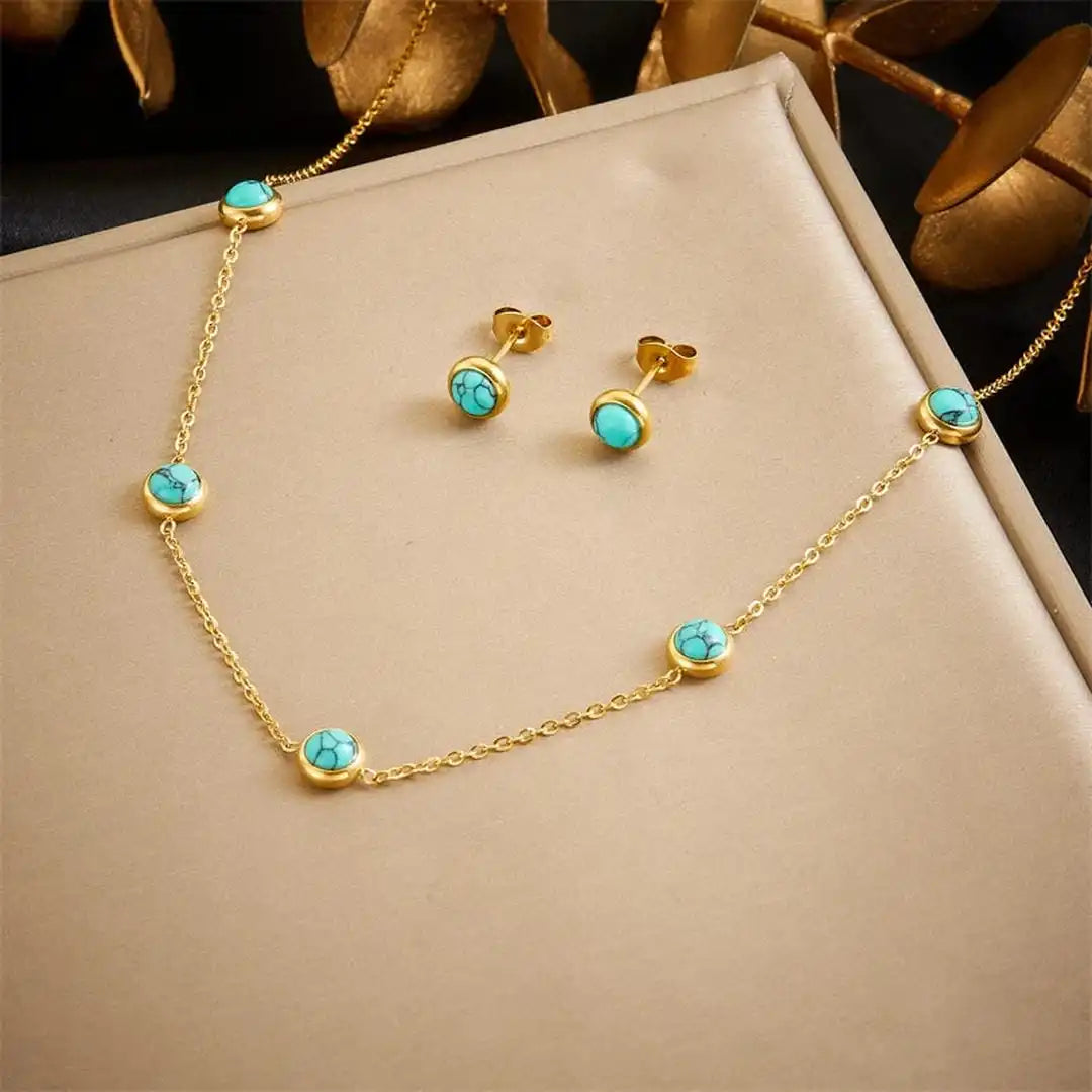 Bohemian-Style Silver Jewelry Collection Featuring Turquoise Necklace, Earrings, and Bracelet