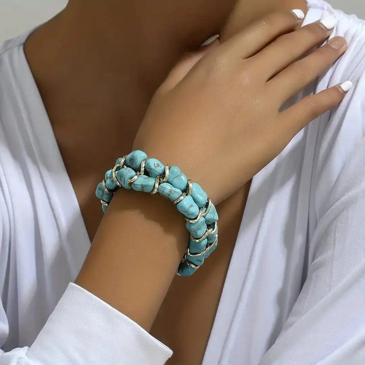 Turquoise Stone Woven Gold Bracelet