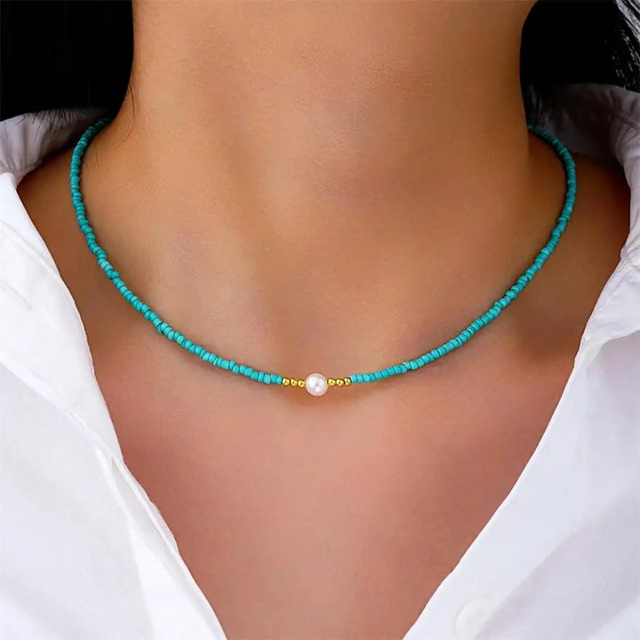 Turquoise and Pearl Necklace Featuring Baroque Beads