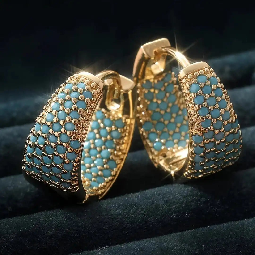 Decorative Floral Hoop Earrings in Turquoise and Gold