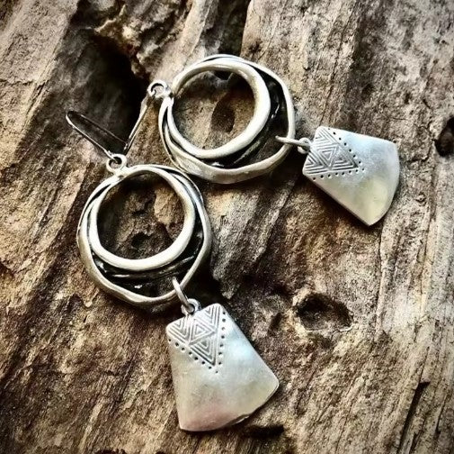 Retro Silver Square Drop Earrings