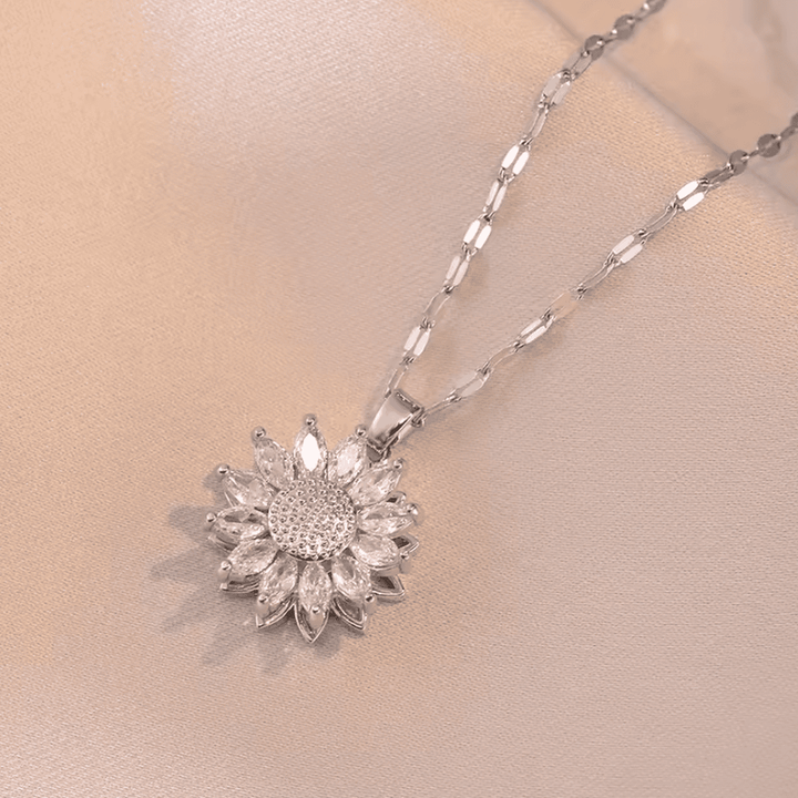 Elegant Silver Sunflower Zircon Jewelry Collection: Necklace and Earring Set