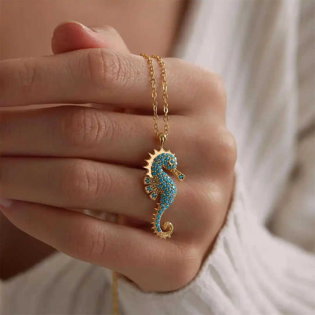 Turquoise Necklace with Gold Seahorse Pendant