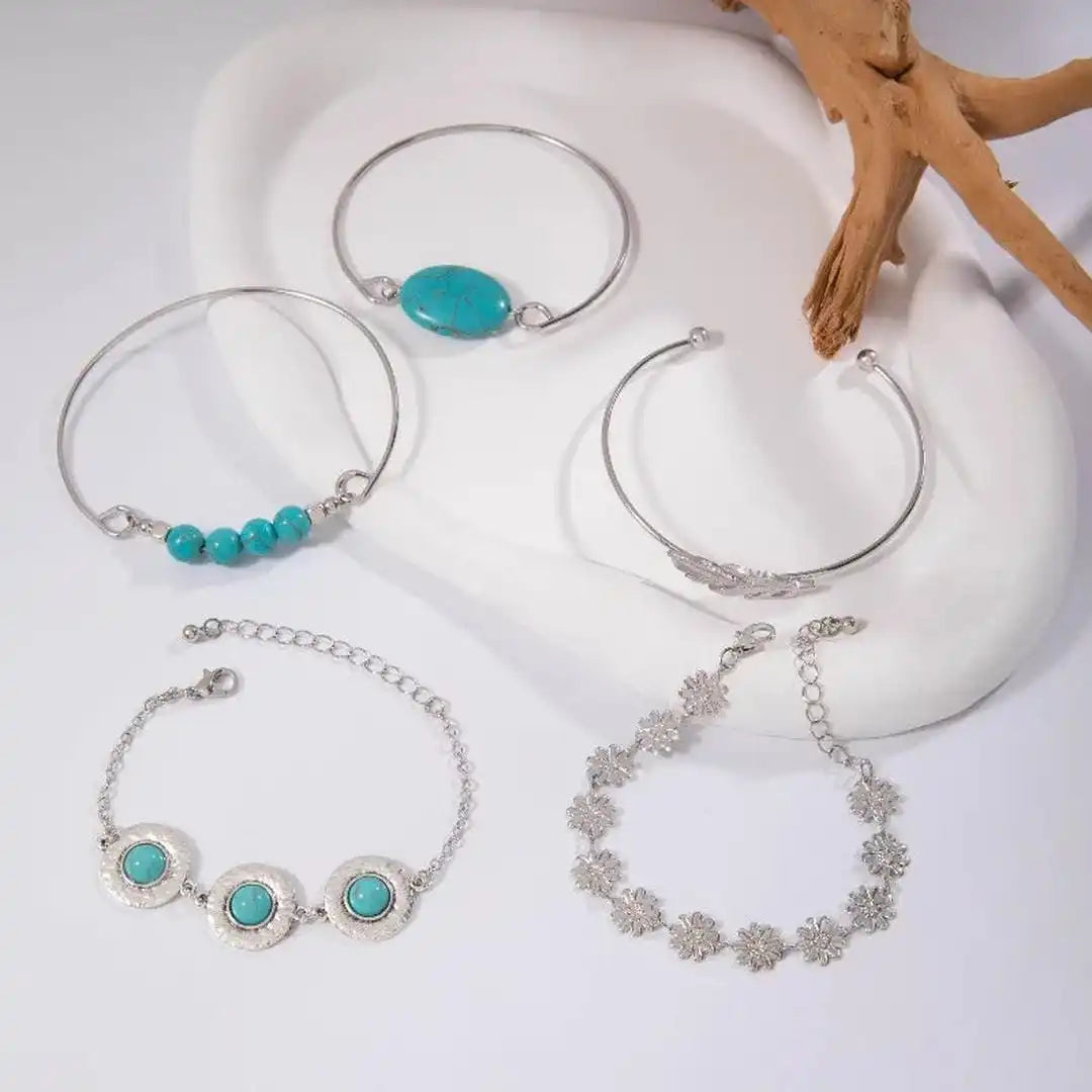 Vintage Turquoise Floral Bracelet Set in Antique Silver